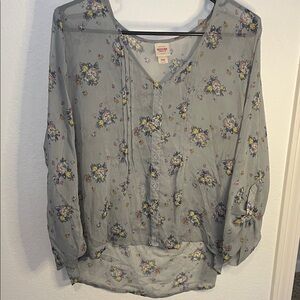 Womens Floral V-Neck Button Front Blouse - Dusty Blue